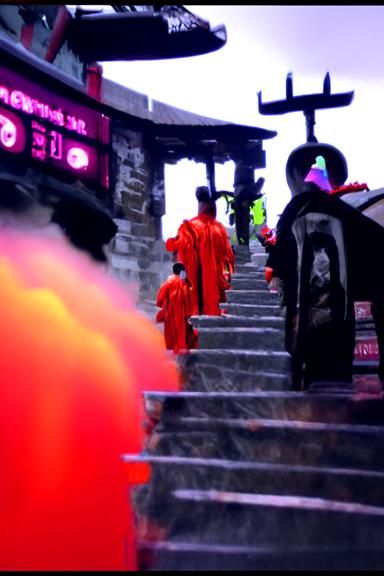 Taoist Monks Ascending Cyberpunk Temple Stairway
