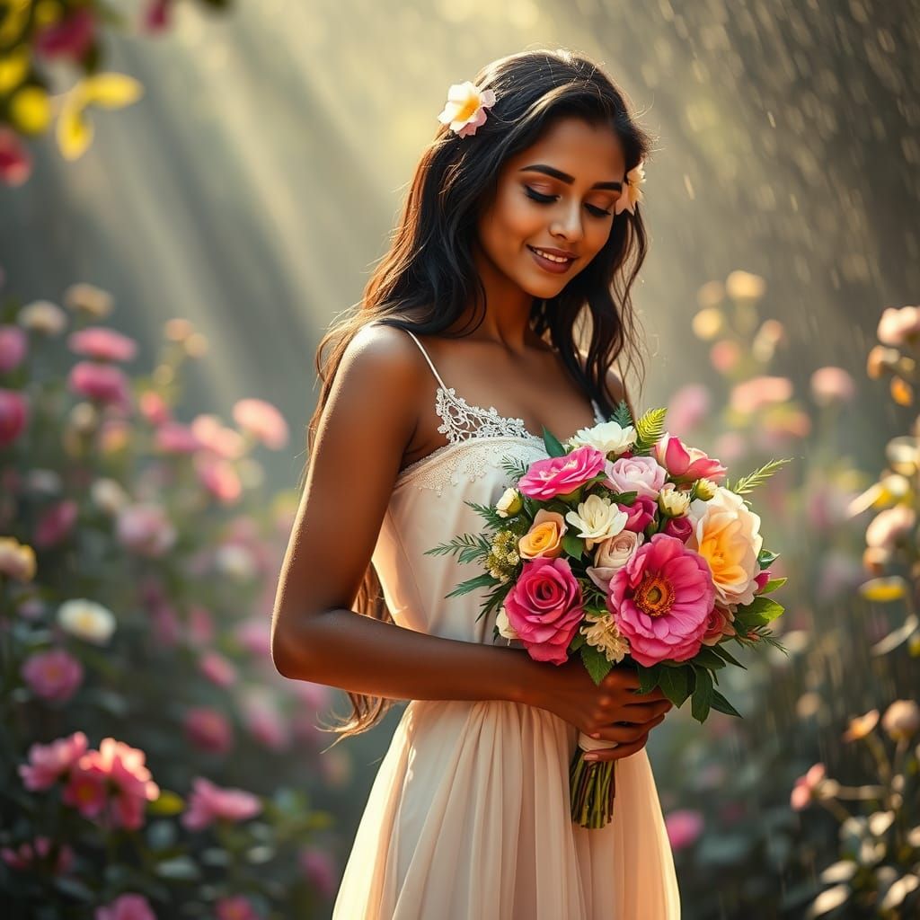 Indian Woman in Rain-Soaked Garden with Flowers