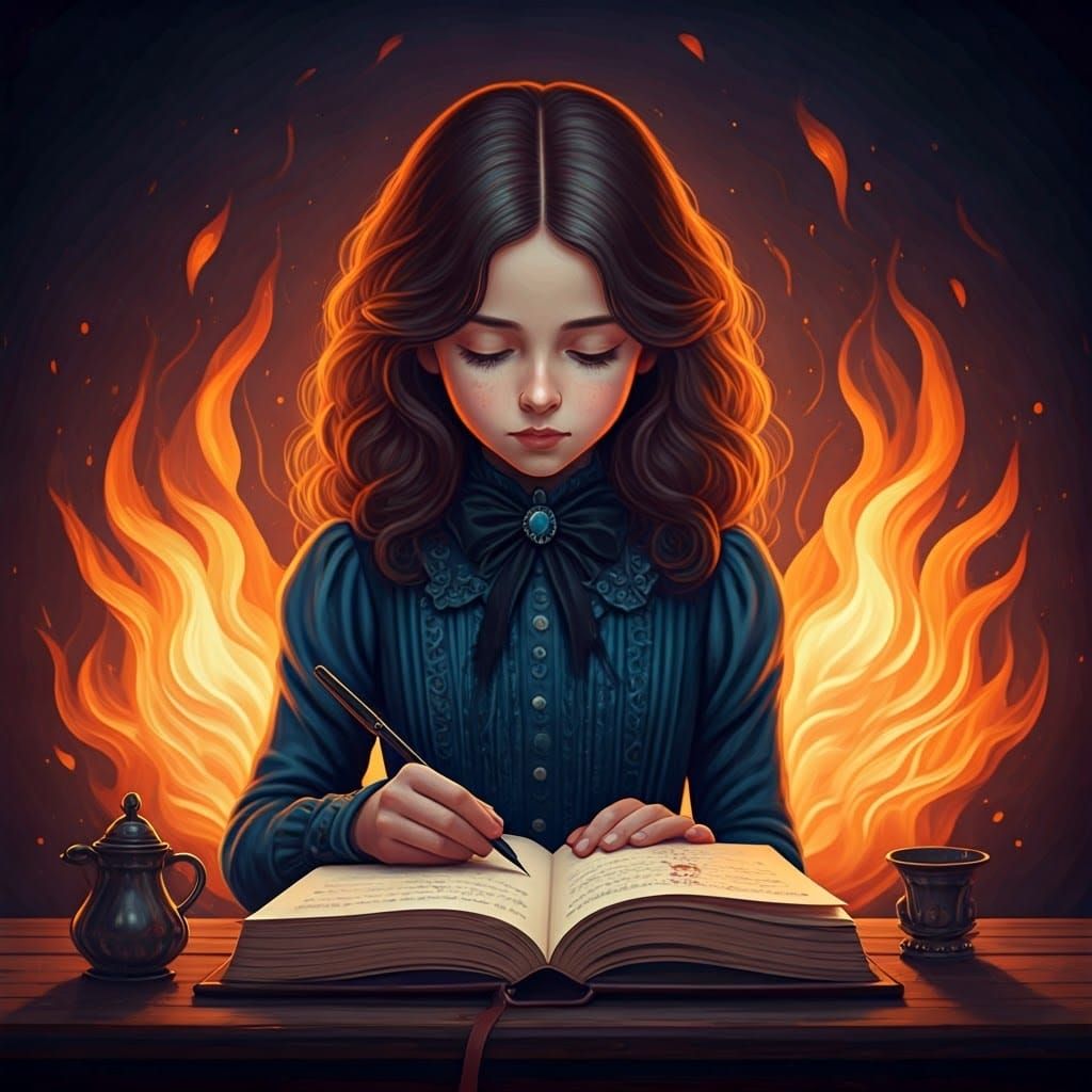 Girl Writing in Flames: Dreamlike Victorian Scene