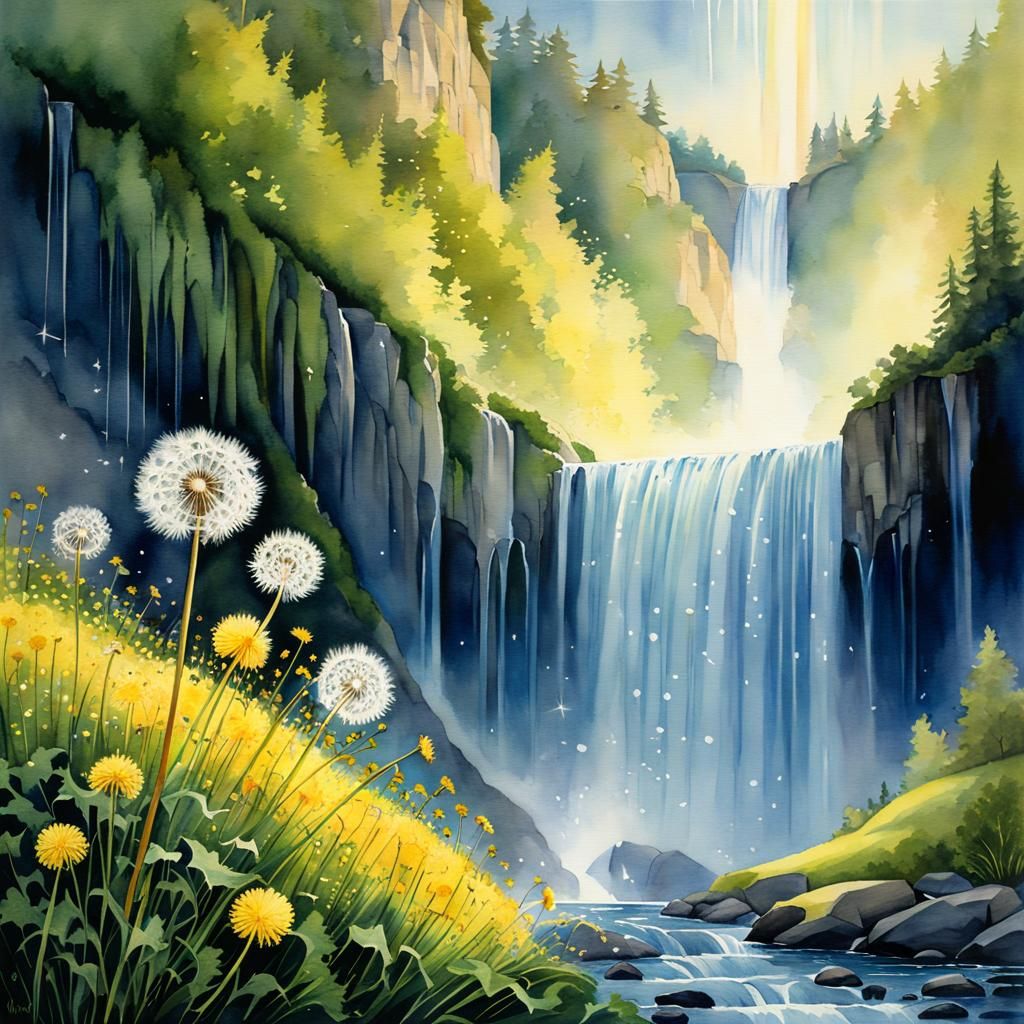 Dandelion and Waterfall in Illuminated Manuscript Style