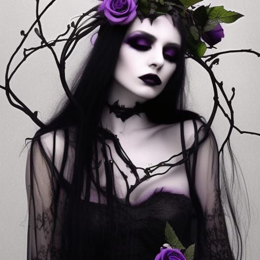 Ethereal gothic witch with Black rose vines wrapped around her& long black hair& purple eyes& gothic makeup perfectly do...