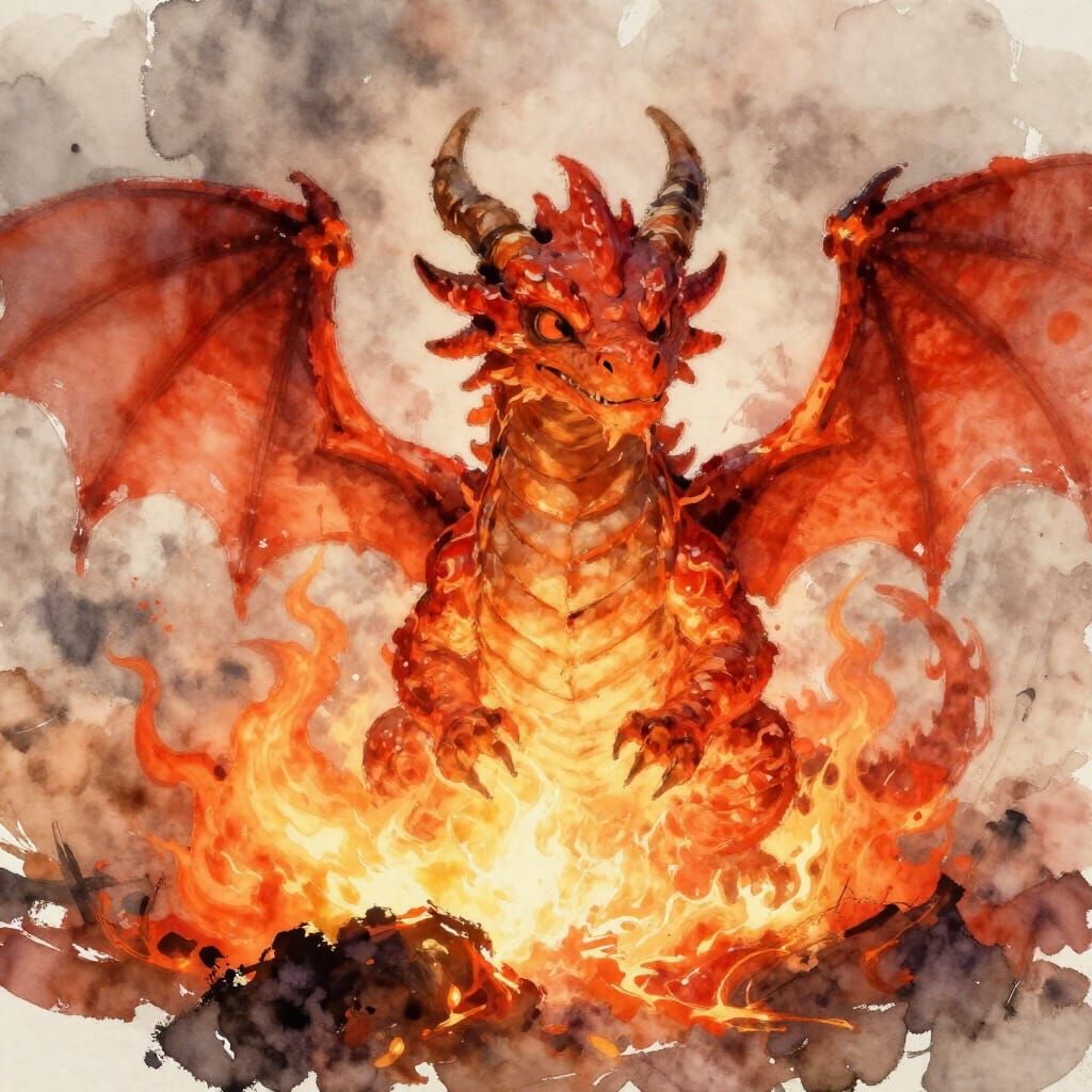Baby Dragon Emerges From Fiery Ashes in Watercolor Style