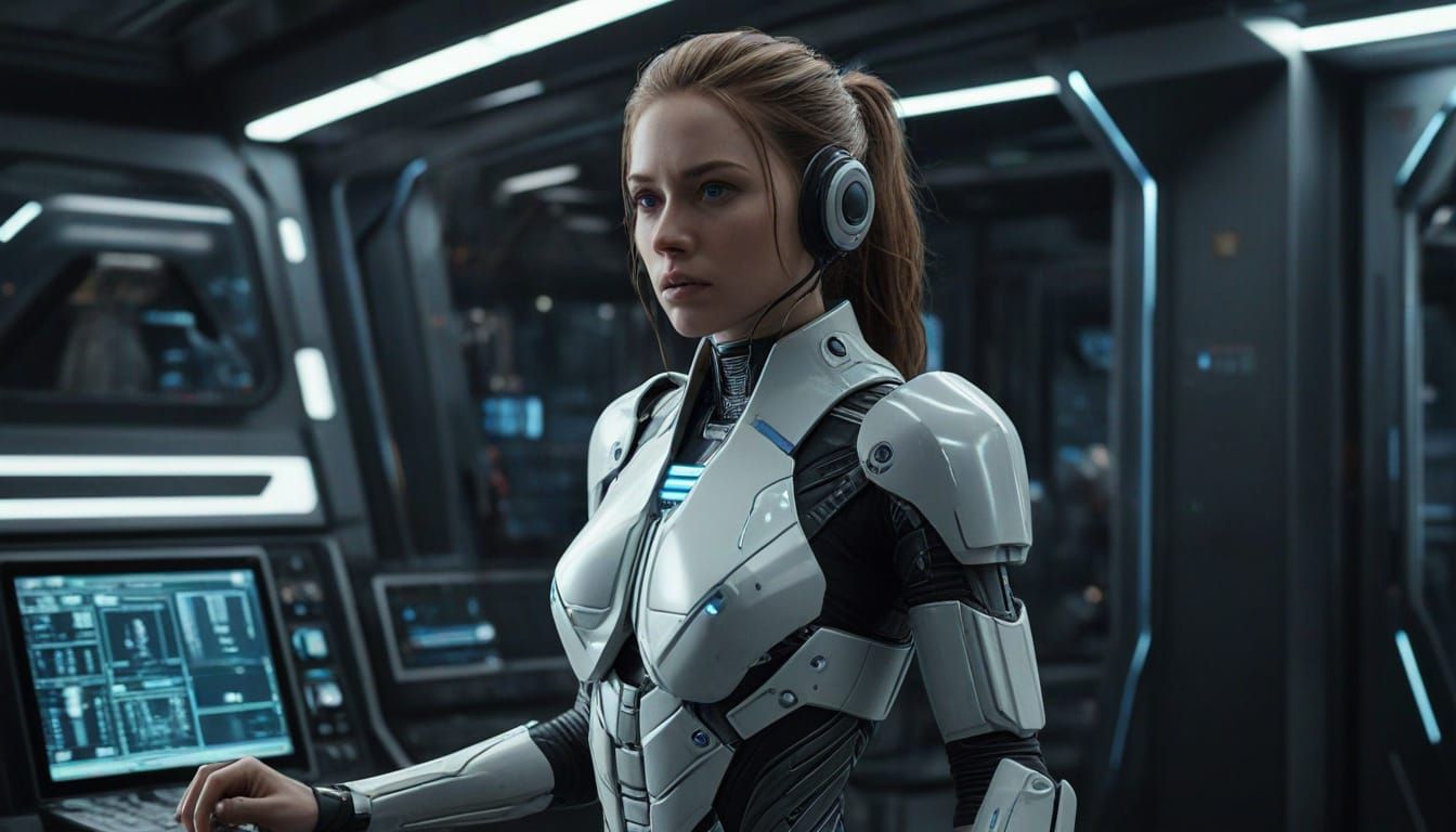 Android Woman in Futuristic Control Room