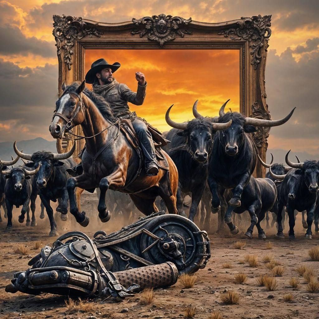 Cowboy Leads Bulls from Painting in Matte Style