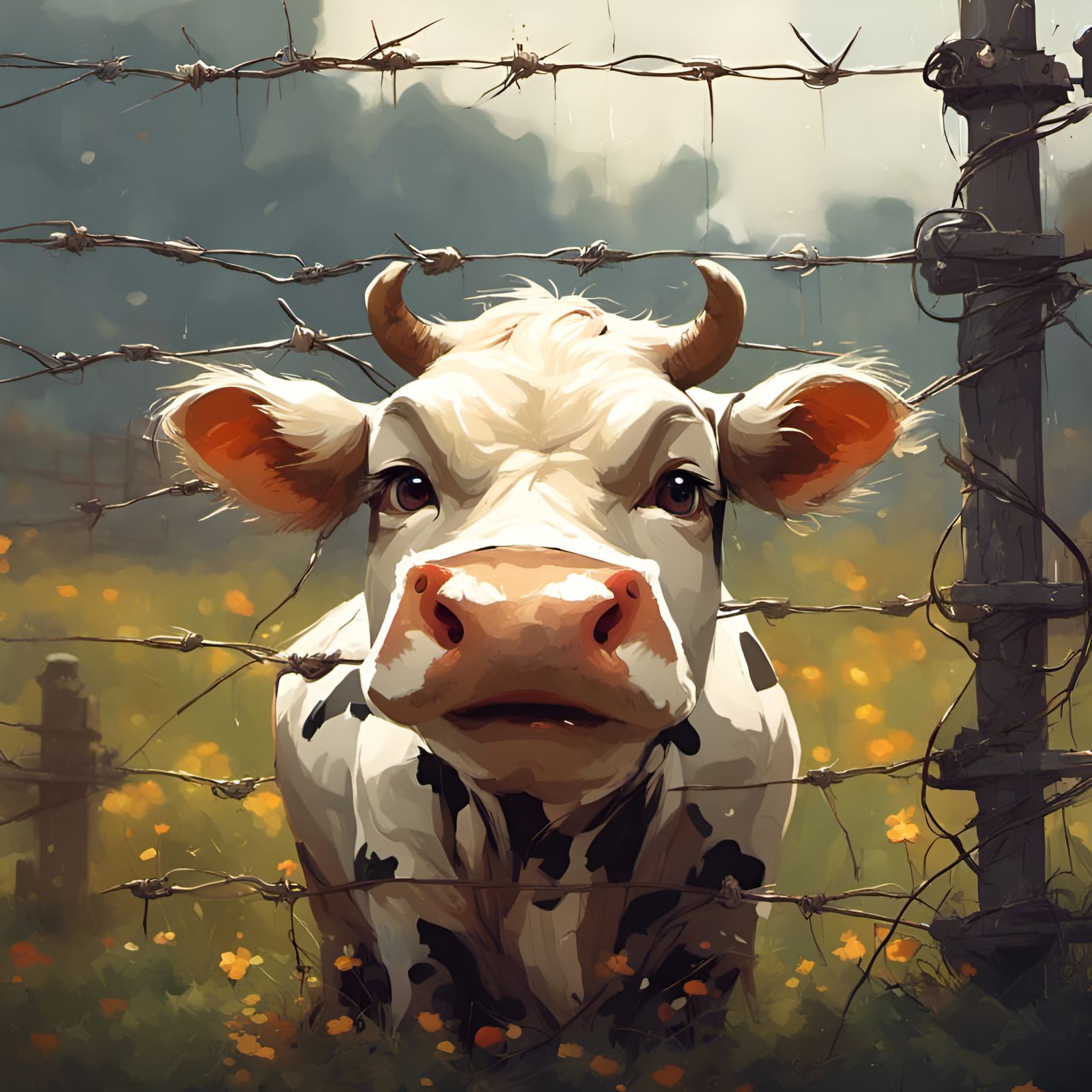 Adorable Anthropomorphic Cow near Barbed Wire Fence