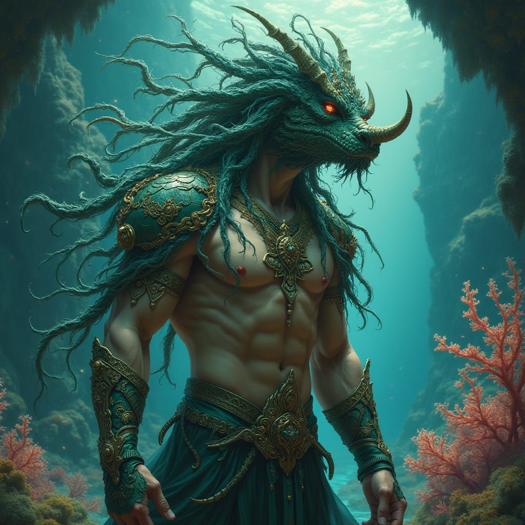 Gorgon Warrior Guarding Underwater City in Art Nouveau Style