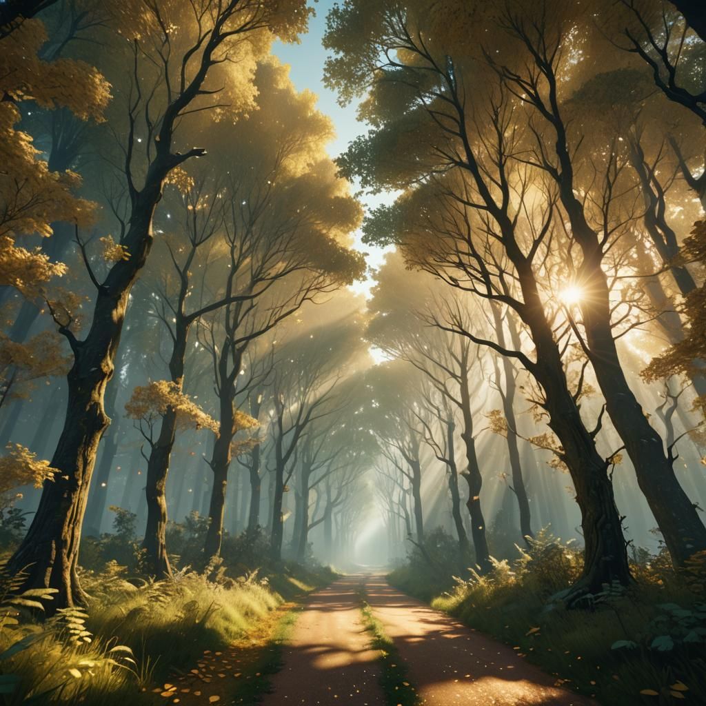 Heavenly Golden Highway Through Celestial Forest
