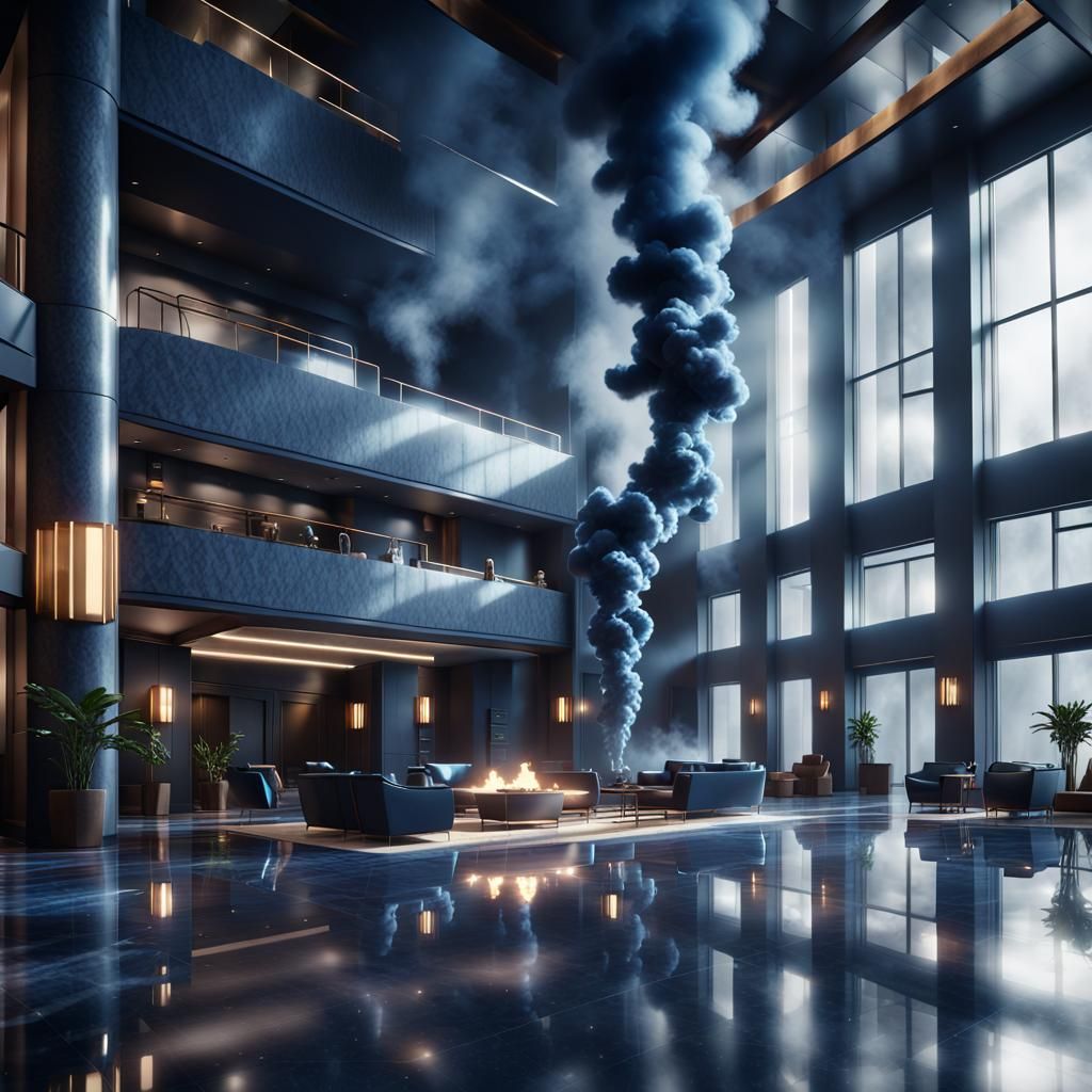 Dark Blue Smoke Engulfs Modern Hotel Lobby