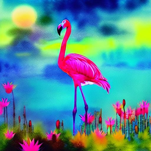 Flamingo Gazing at Sunset in Watercolor Ink Style