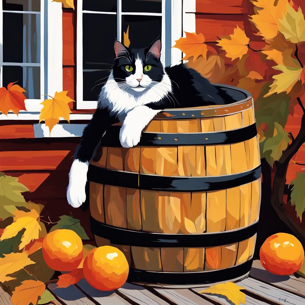 Autumn Cat on Porch in Abstract Style