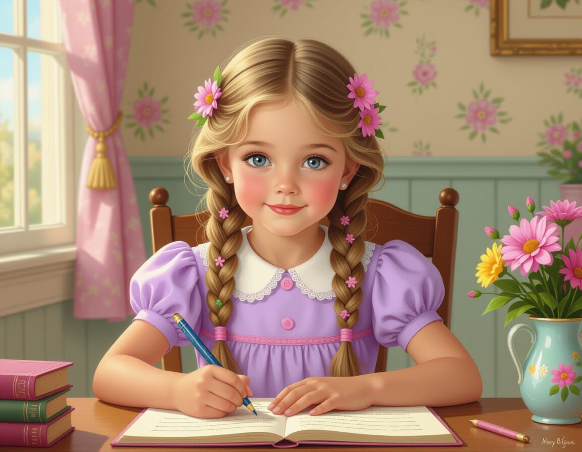 Girl with Braids Doing Homework in Vintage Style