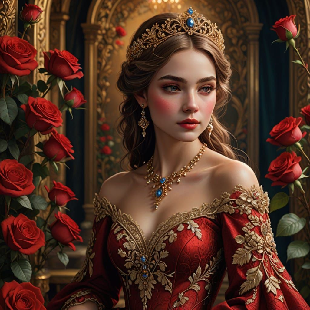 Elegant Baroque-Inspired Portrait of a Woman in a Red Ball G...