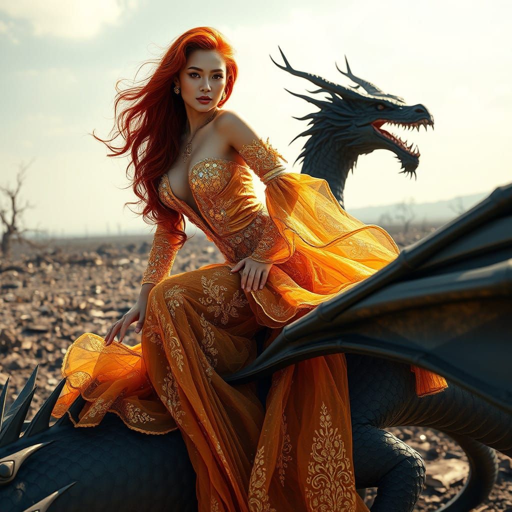 Ethereal Supermodel Rides Black Dragon in Post-Apocalyptic W...