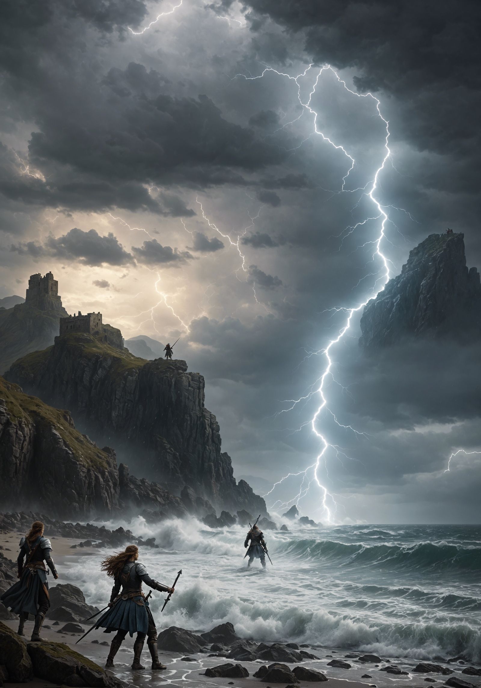 Epic Battle on Stormy Beach in Medieval Fantasy