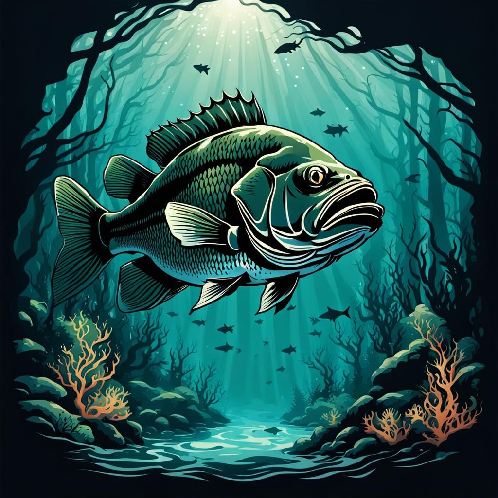 Aquascape T-Shirt Design with Underwater Forest and Bass