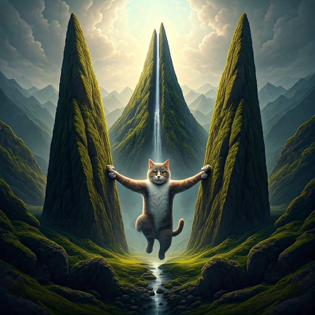 Fable of a Feline Titan: Holding Majestic Mountains in Surre...
