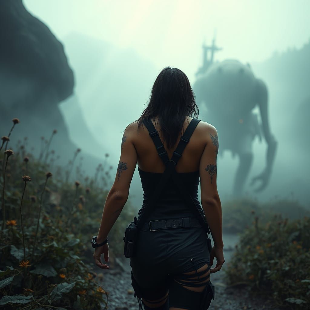 Sensual Sci-Fi Explorer Woman in Abandoned Alien Landscape