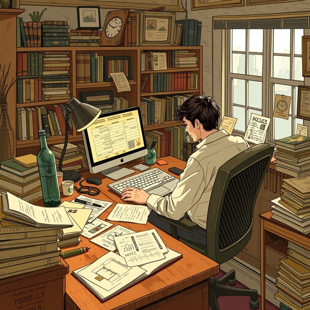 Cozy Home Office in Art Nouveau Cyberpunk Style