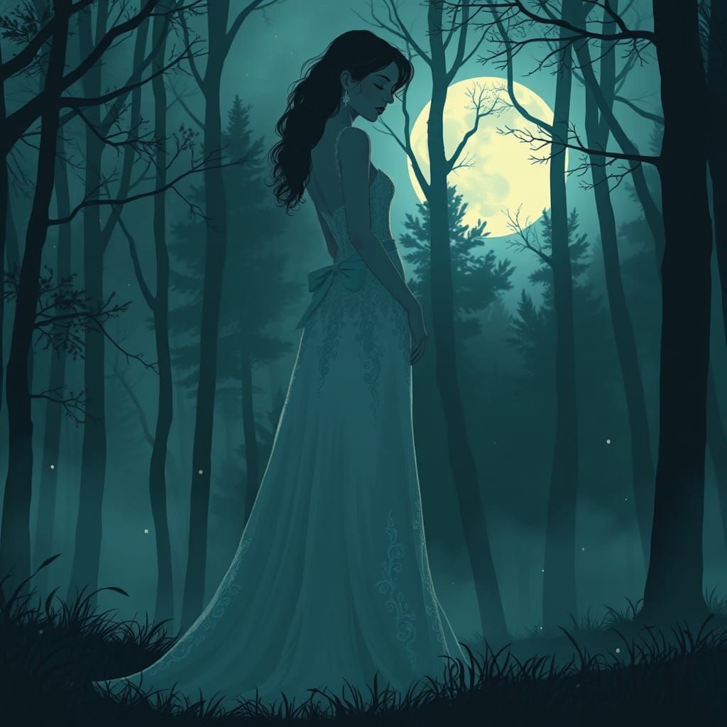 Woman in Gown Silhouette in Moonlit Forest