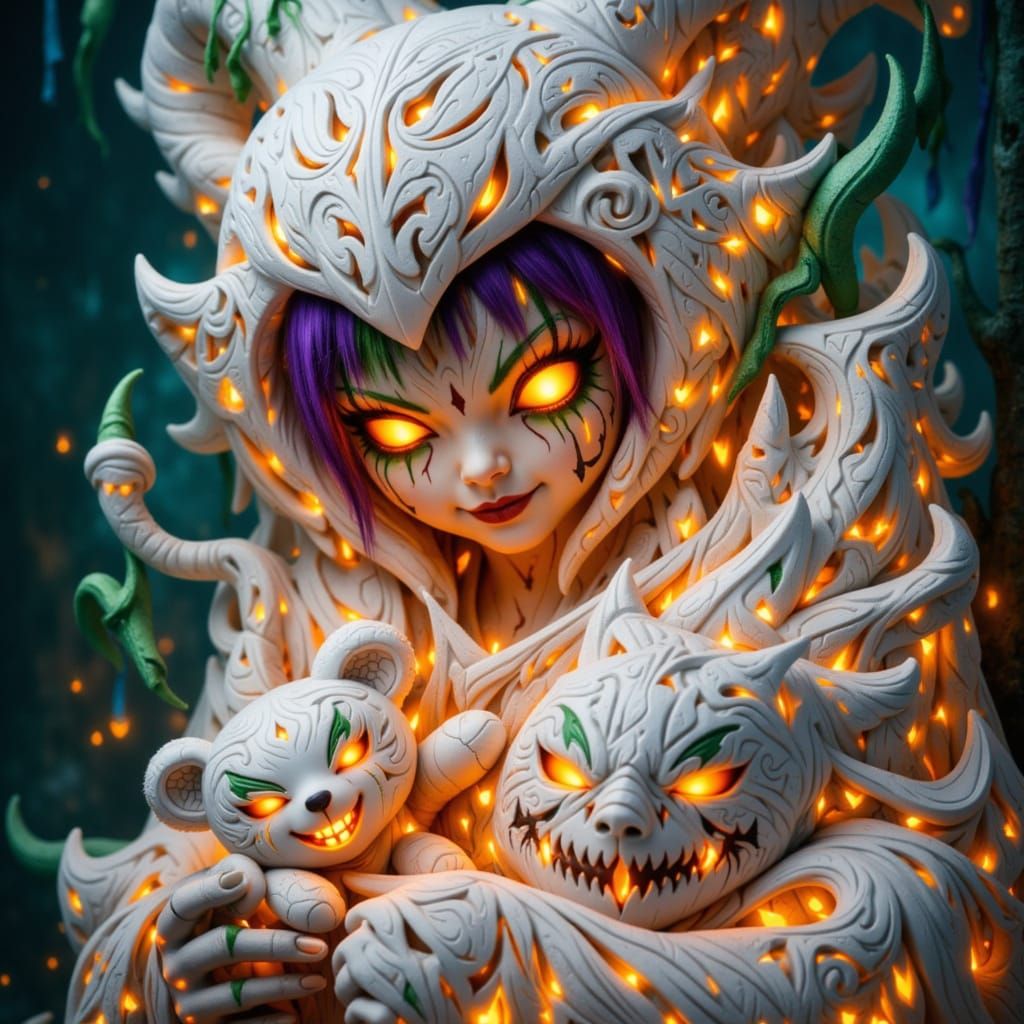 Tribal Mythic Girl with Glowing Teddybear in Surreal Style