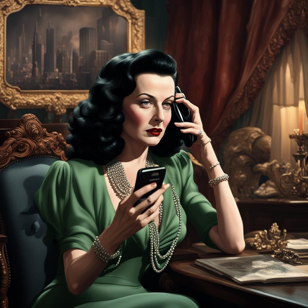 Hedy Lamar Using a Cell Phone in Fantasy Art