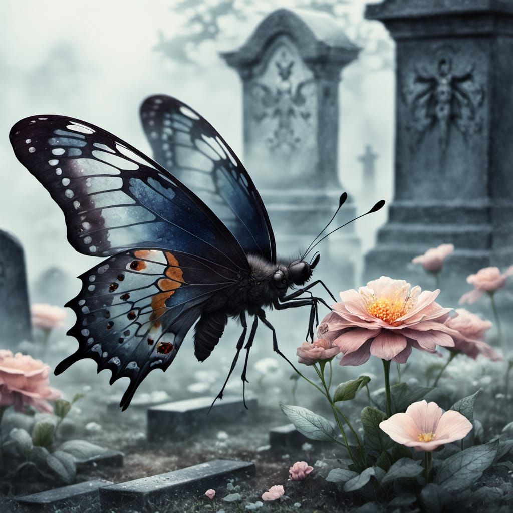 Gothic Deathhead Butterfly in Foggy Cemetery: Watercolor