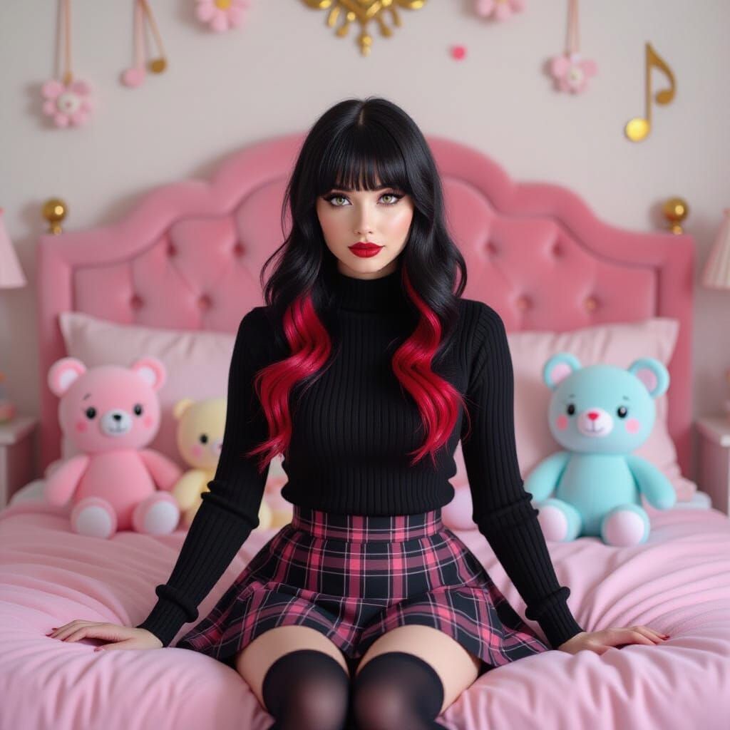 Goth Woman on Pink Bed with Kawaii Decor in Dreamy Lighting