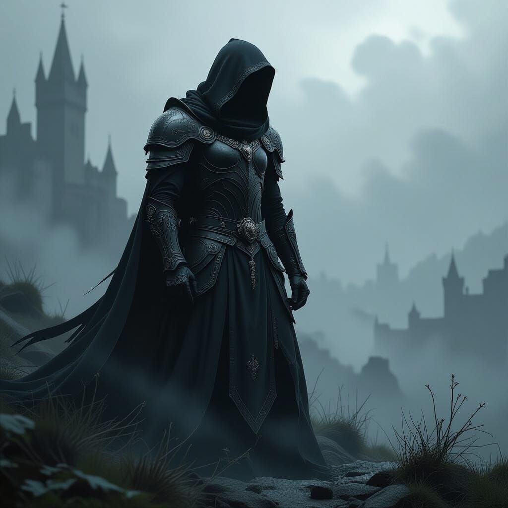 Gothic Shadow Figure in Stormy Landscape