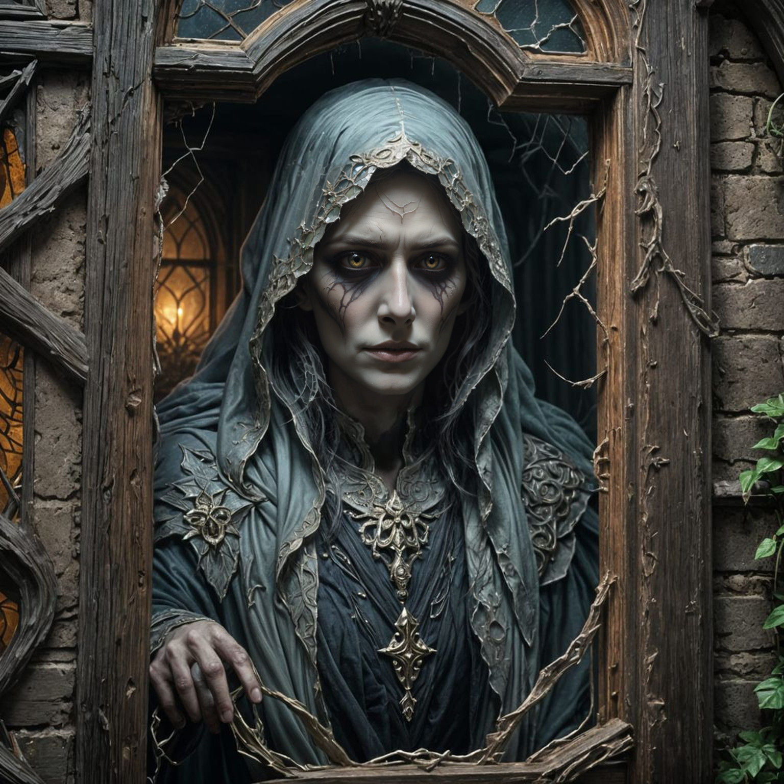 Surreal Ghost Gazing Through a Haunted Mansion's Broken Pane