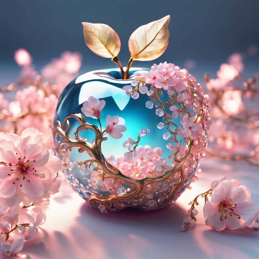 Surreal Crystal Apple Blooms with Cherry Blossom Tree in Vib...