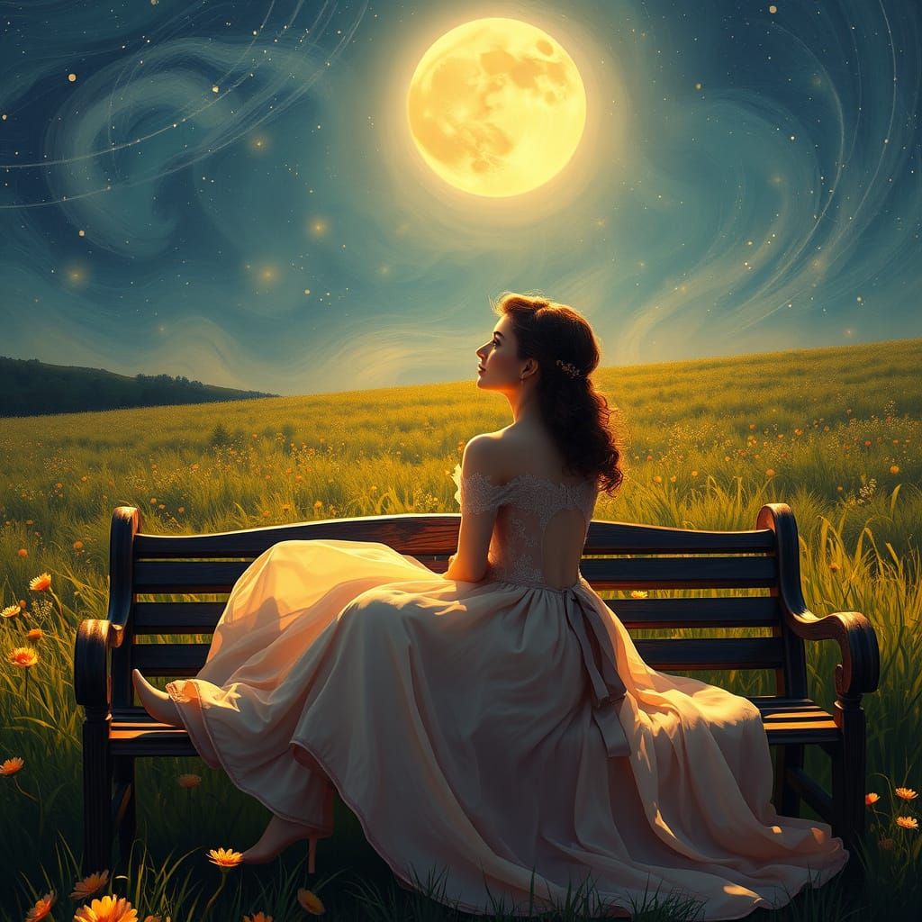 Elegant Lovers Gaze at Starry Night Sky in Vibrant Meadow