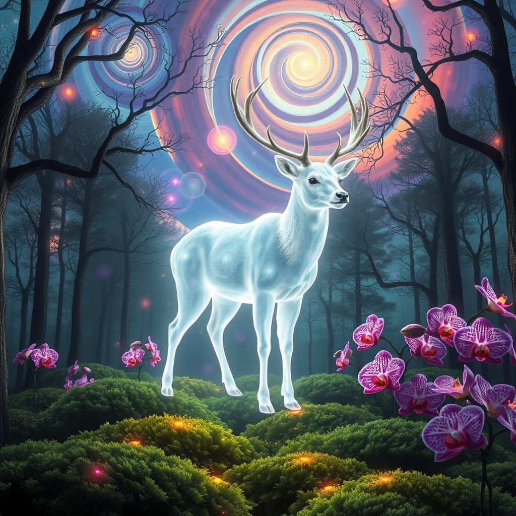 Ethereal Stag of Light in Dreamlike Forest
