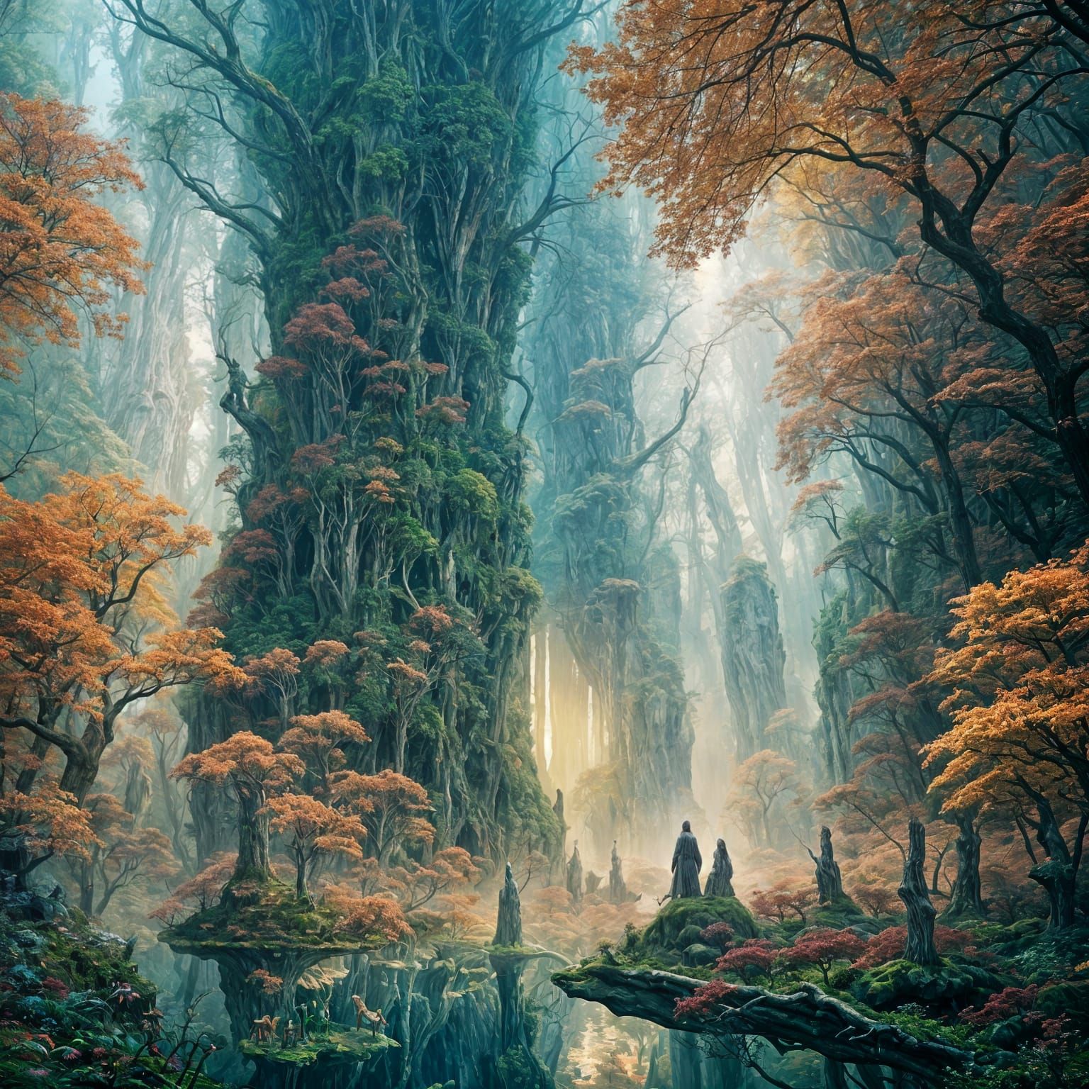 Surreal Forest with Mythical Creatures and Floating Islands