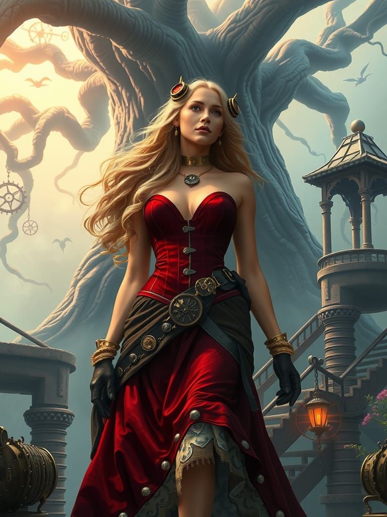 Steampunk Goddess with Clockwork Accessories in Mystical Lan...