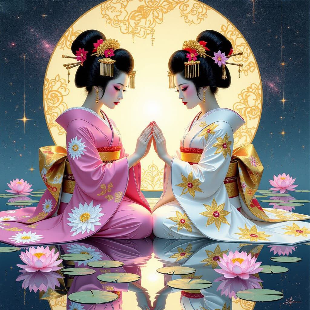 Geisha in Mirrored Reflection: A Dark Fantasy Portrait