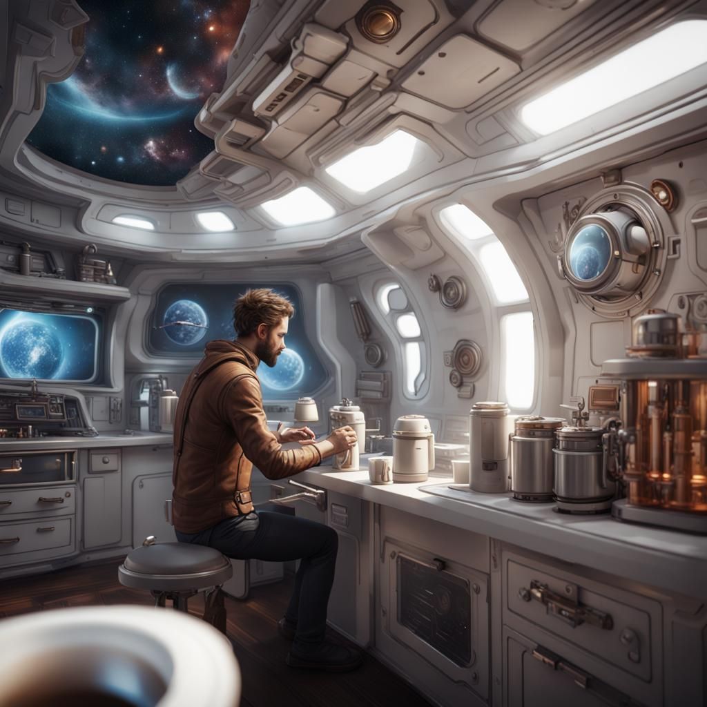Man Making Coffee on Spaceship: Matte Painting