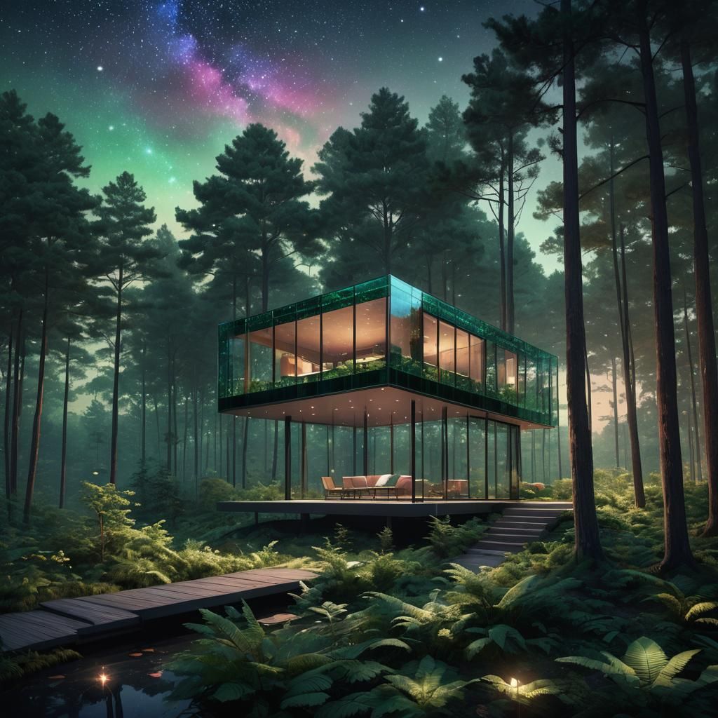 Glass Cabin in Forest Under Starry Night