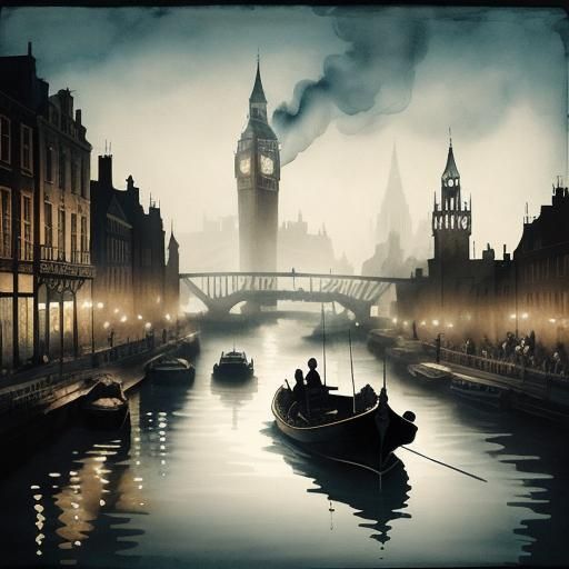Steampunk River Thames Boat in Ink Painting Style