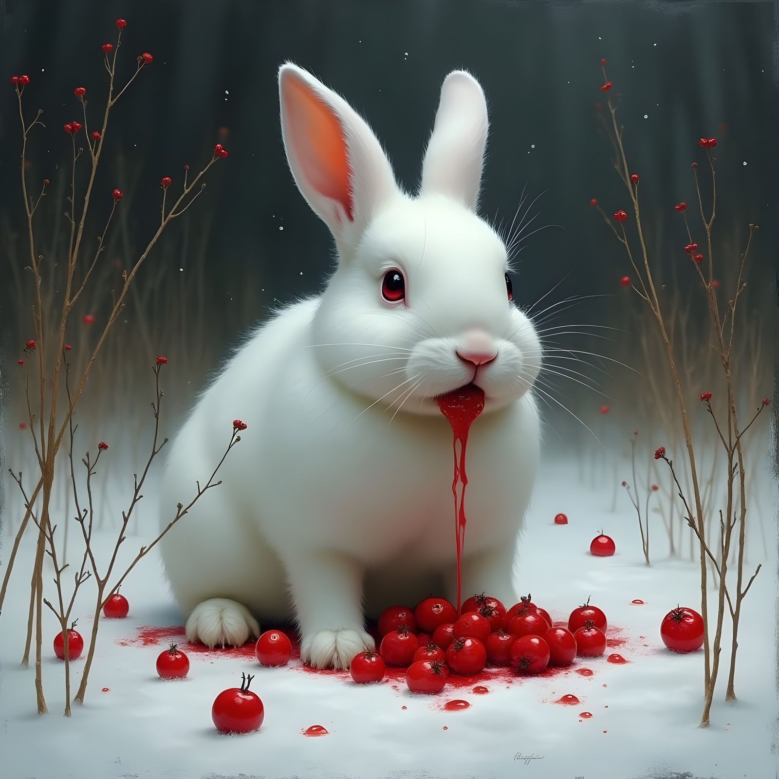 Cute White Bunny Eats Red Berries in Dark Snowy Field