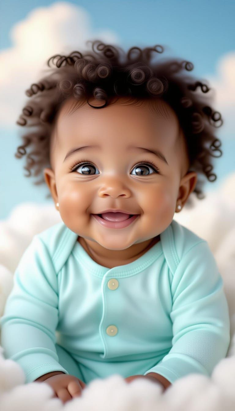 Adorable Newborn Baby Smiling on Fluffy Cloud