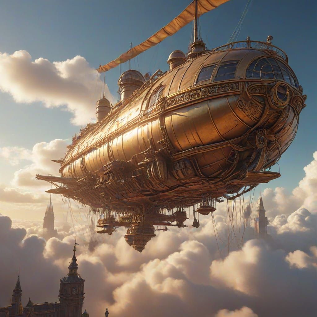 Steampunk Airship Soaring Through Clouds as Digital Art