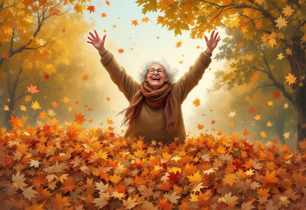 Grandma Jumps into Autumn Leaves as Impressionist Painting