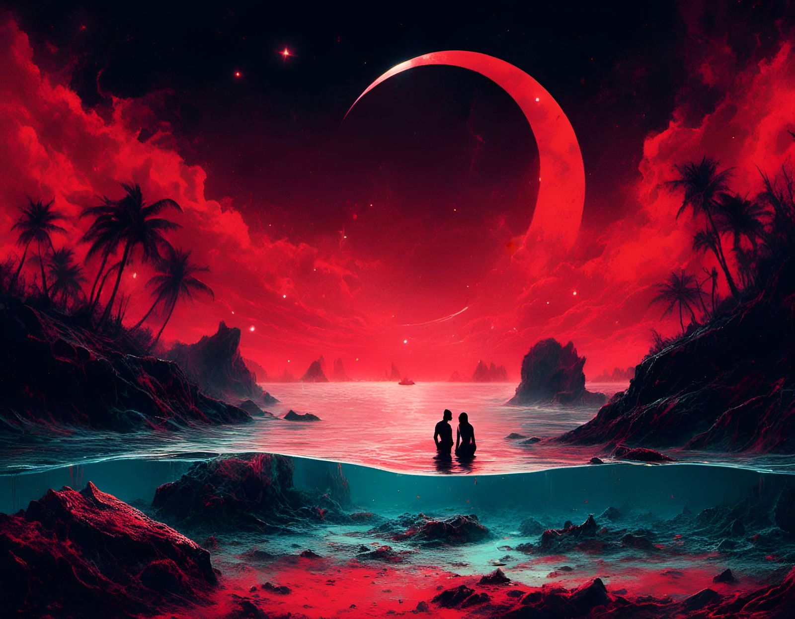 Surreal Cosmic Seascape with Fish and Gecko