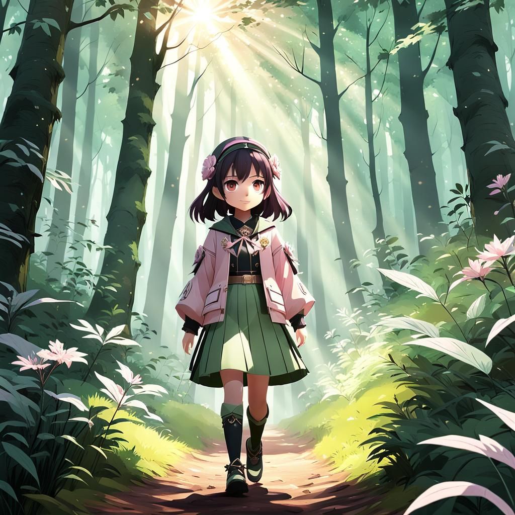 Anime Girl Walks in Pastel Forest, 3D Render