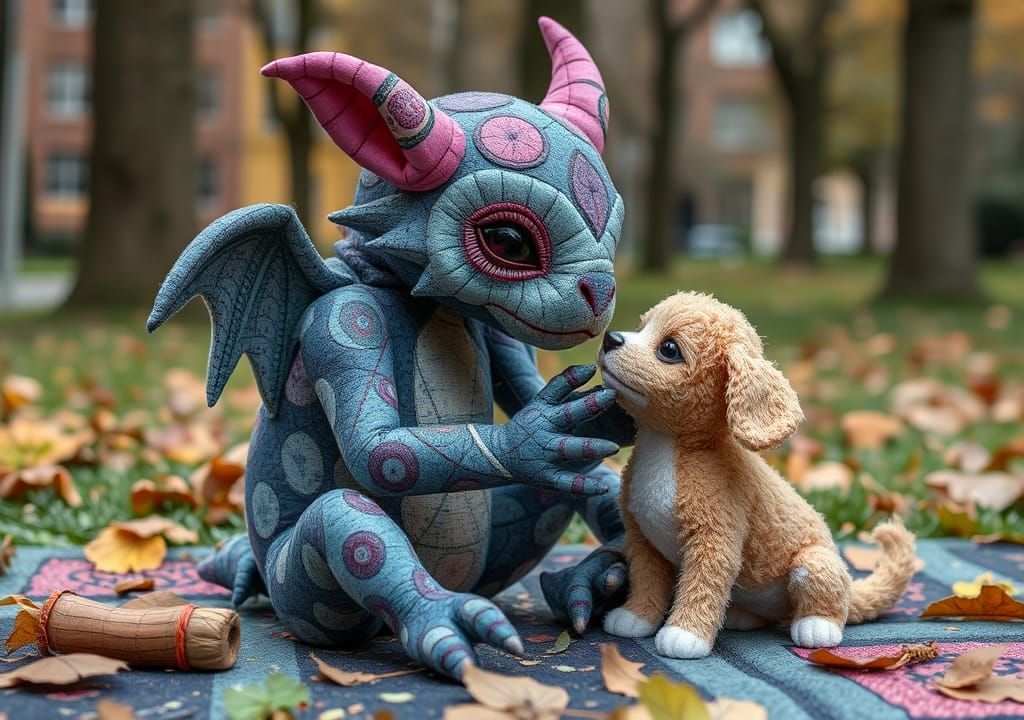 Cute Plush Creature Plays with Puppy in Park