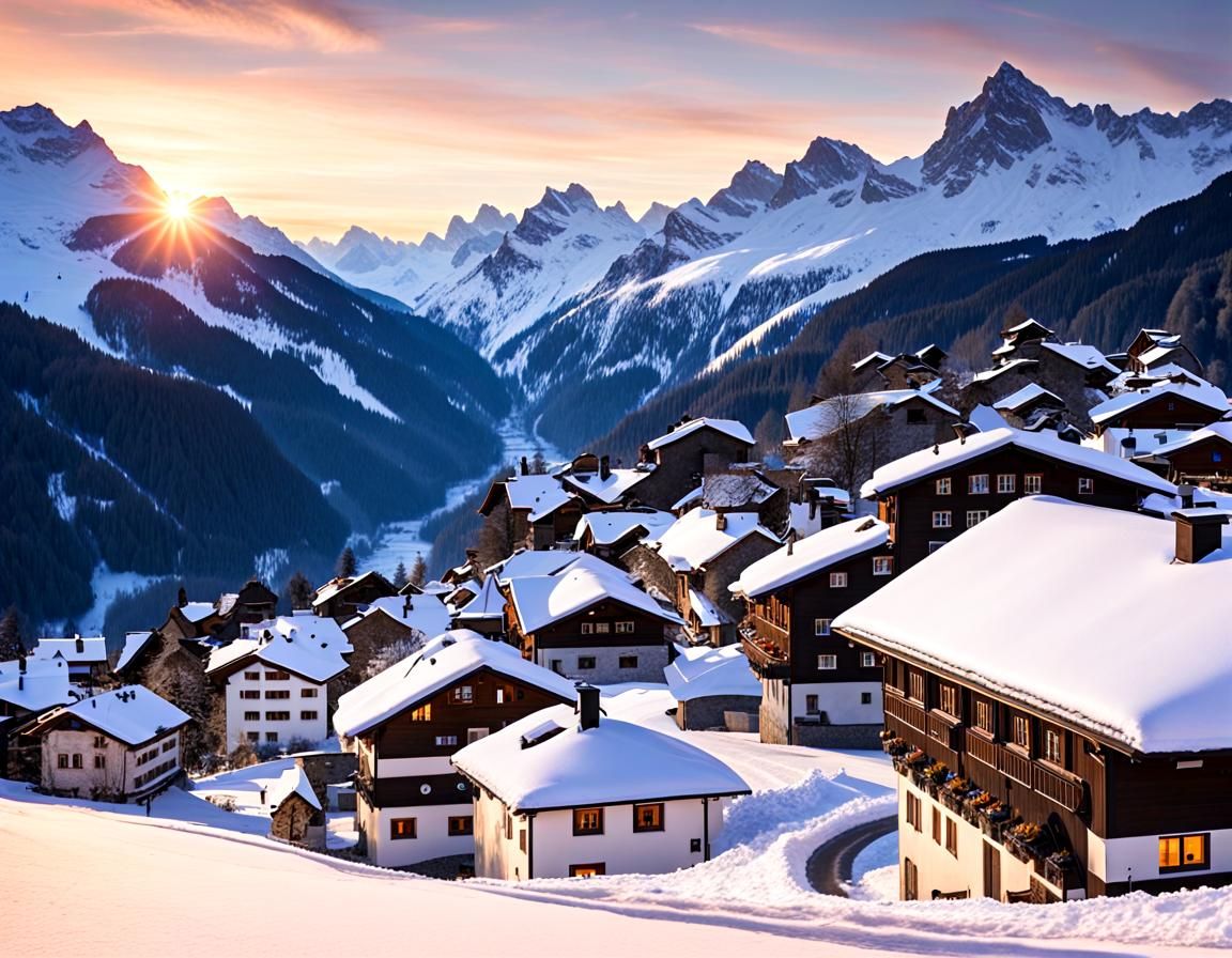 Swiss Alpine Village at Sunset in Winter
