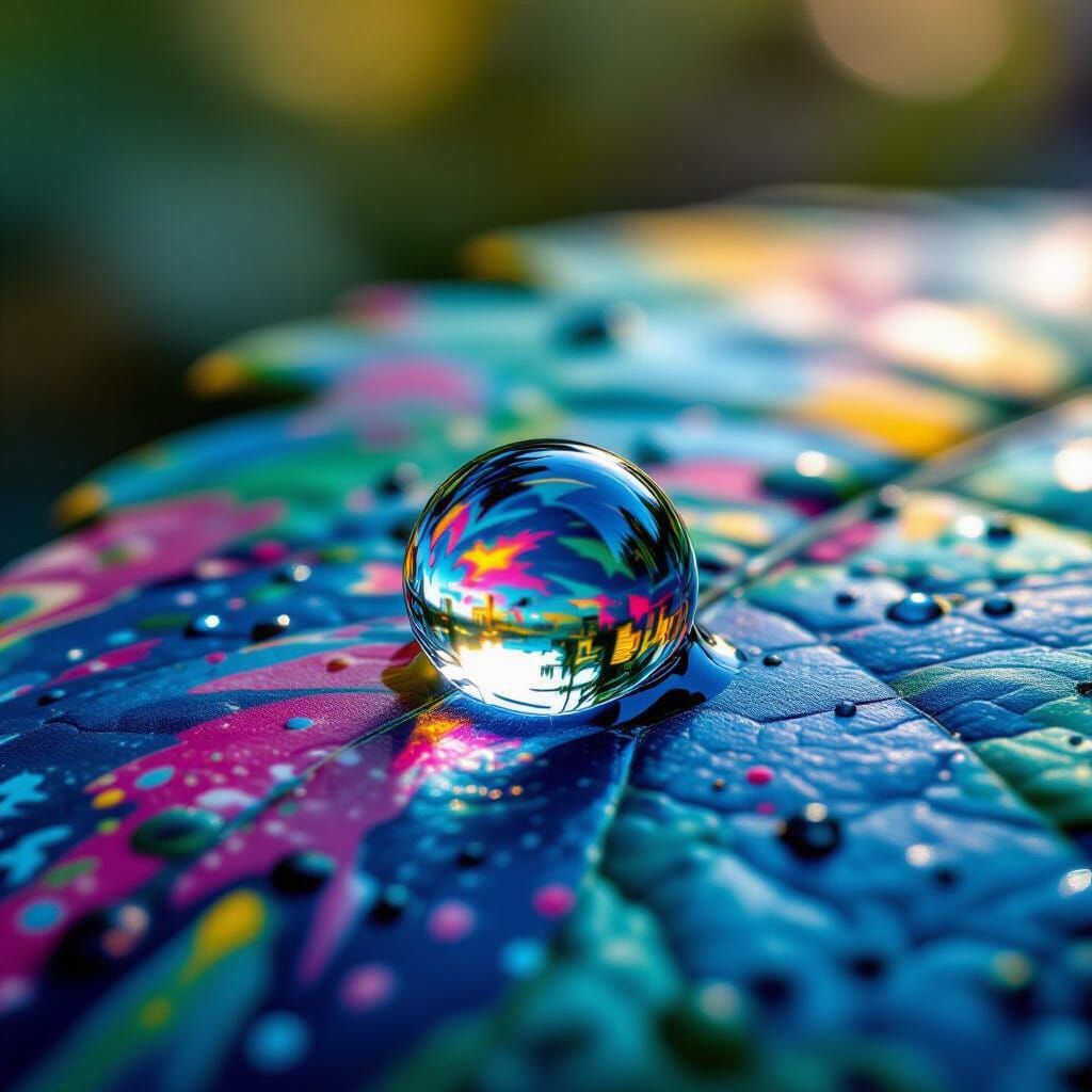Water Droplet Reflecting Graffiti Cityscape, Macro Photograp...