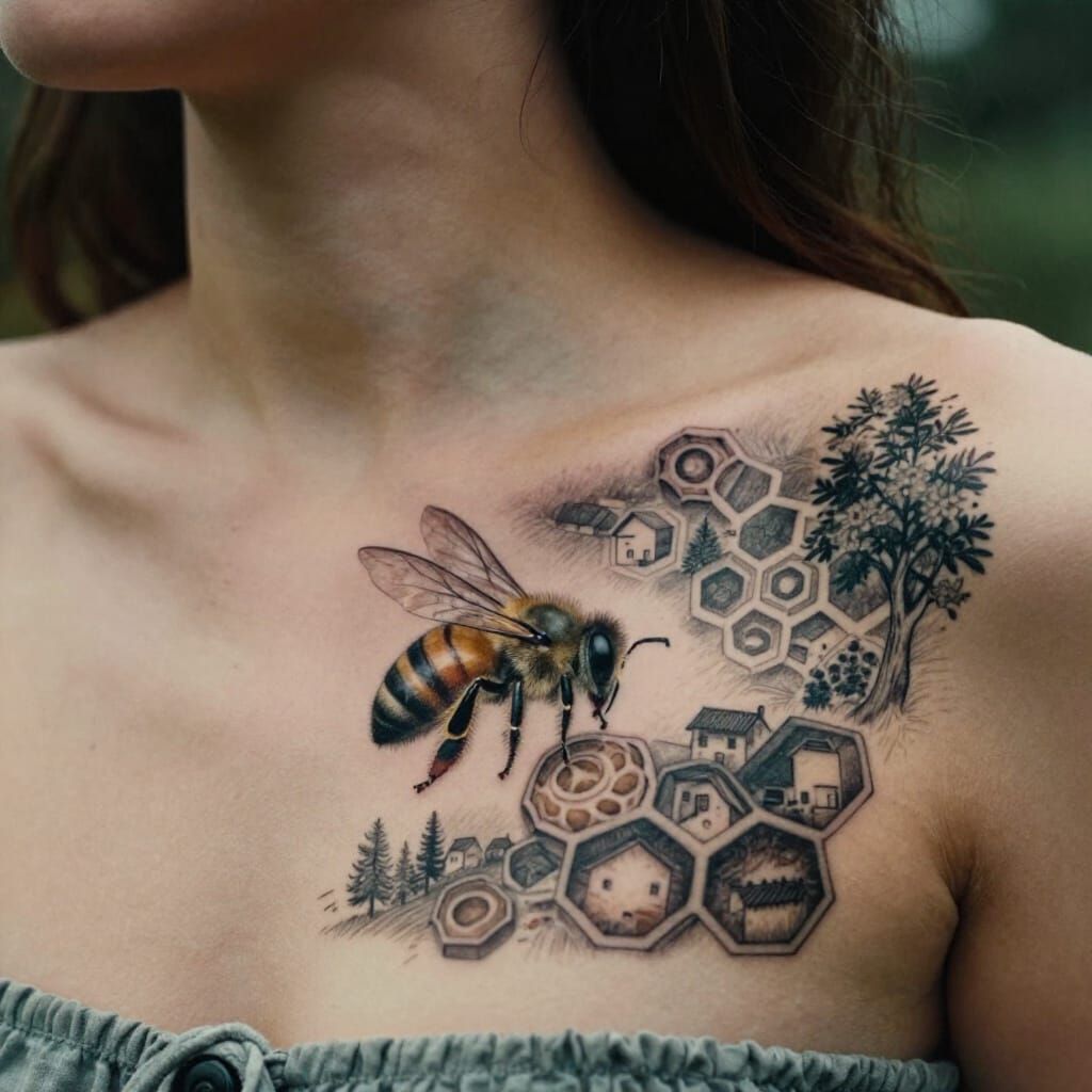 Realistic Bee and Village Tattoo Design on Chest