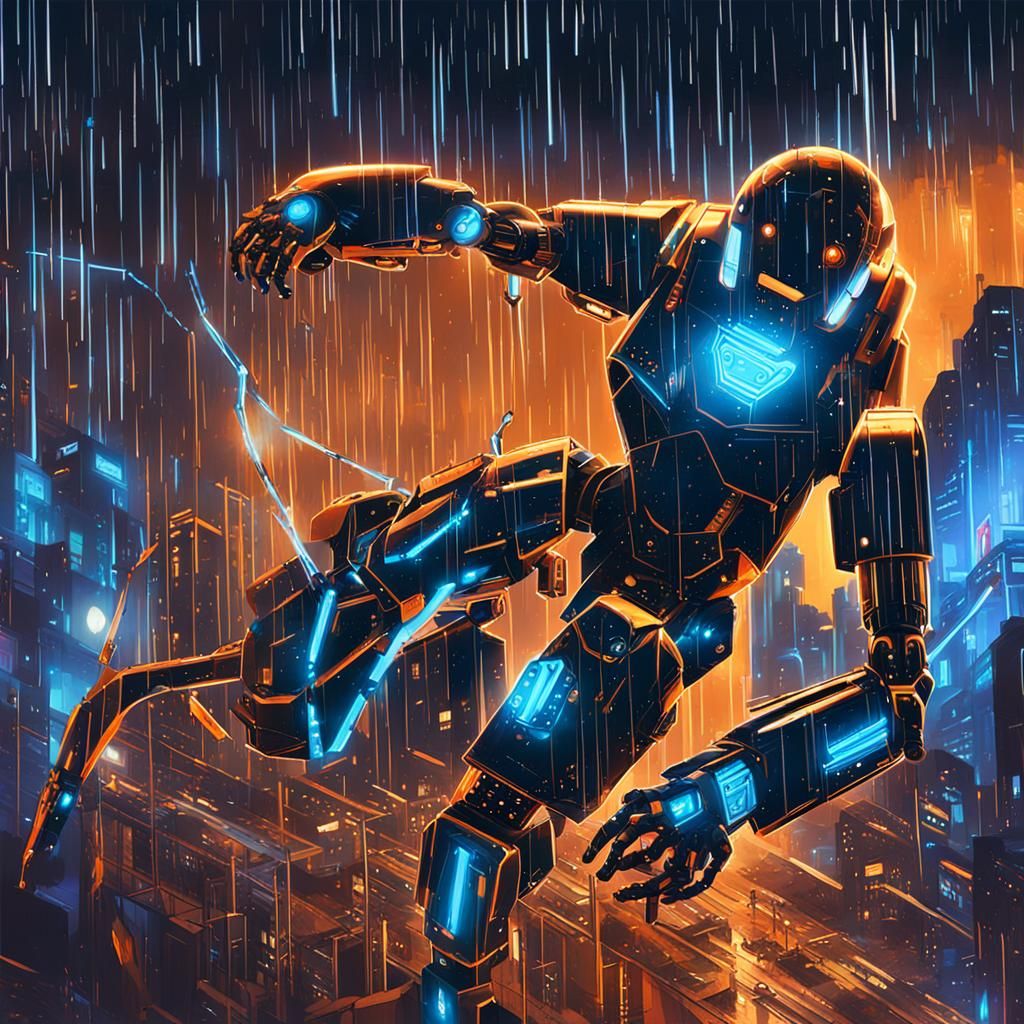 Victorious Cyberpunk Robot in Neon Noir Cityscape