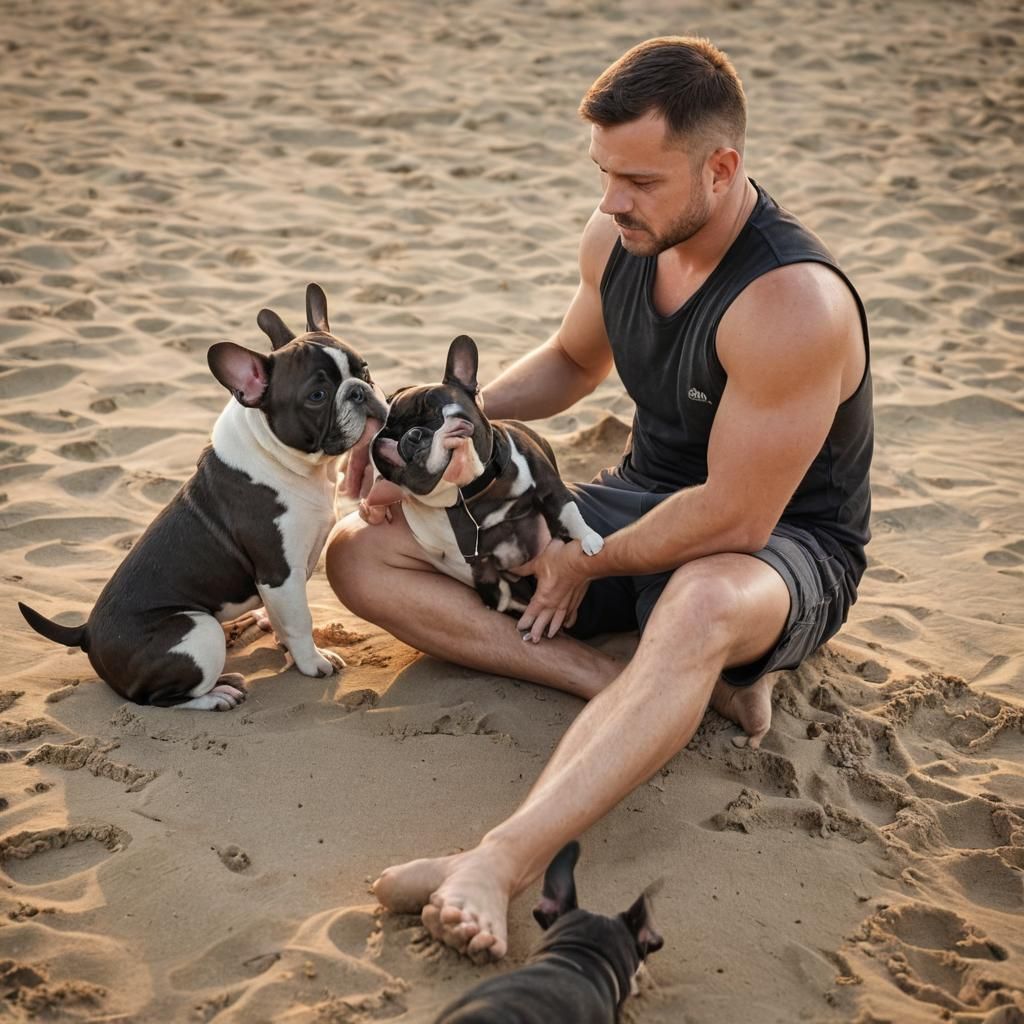 Man and French Bulldogs at Sunset: Photorealistic Image